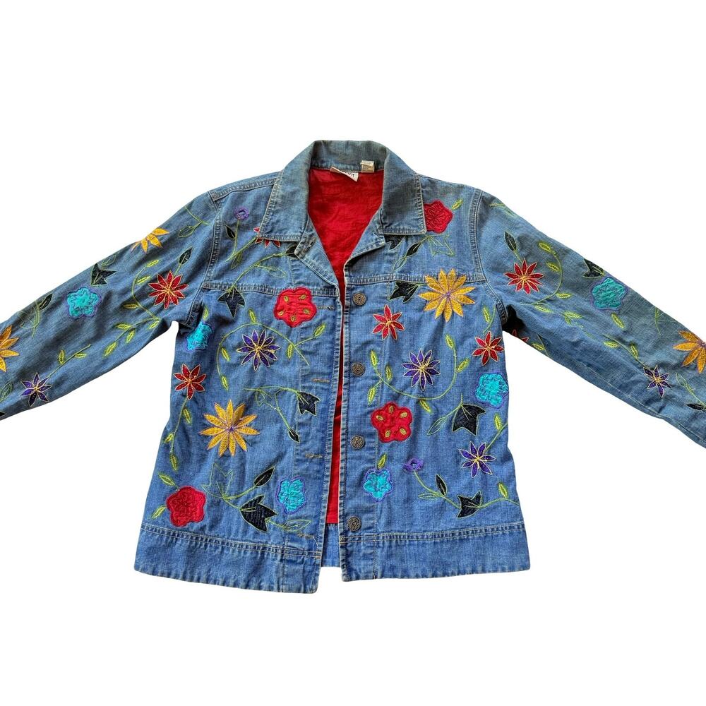 Vintage Chico's Design Women's Flower Embroidered Denim Jean Jacket Size 1